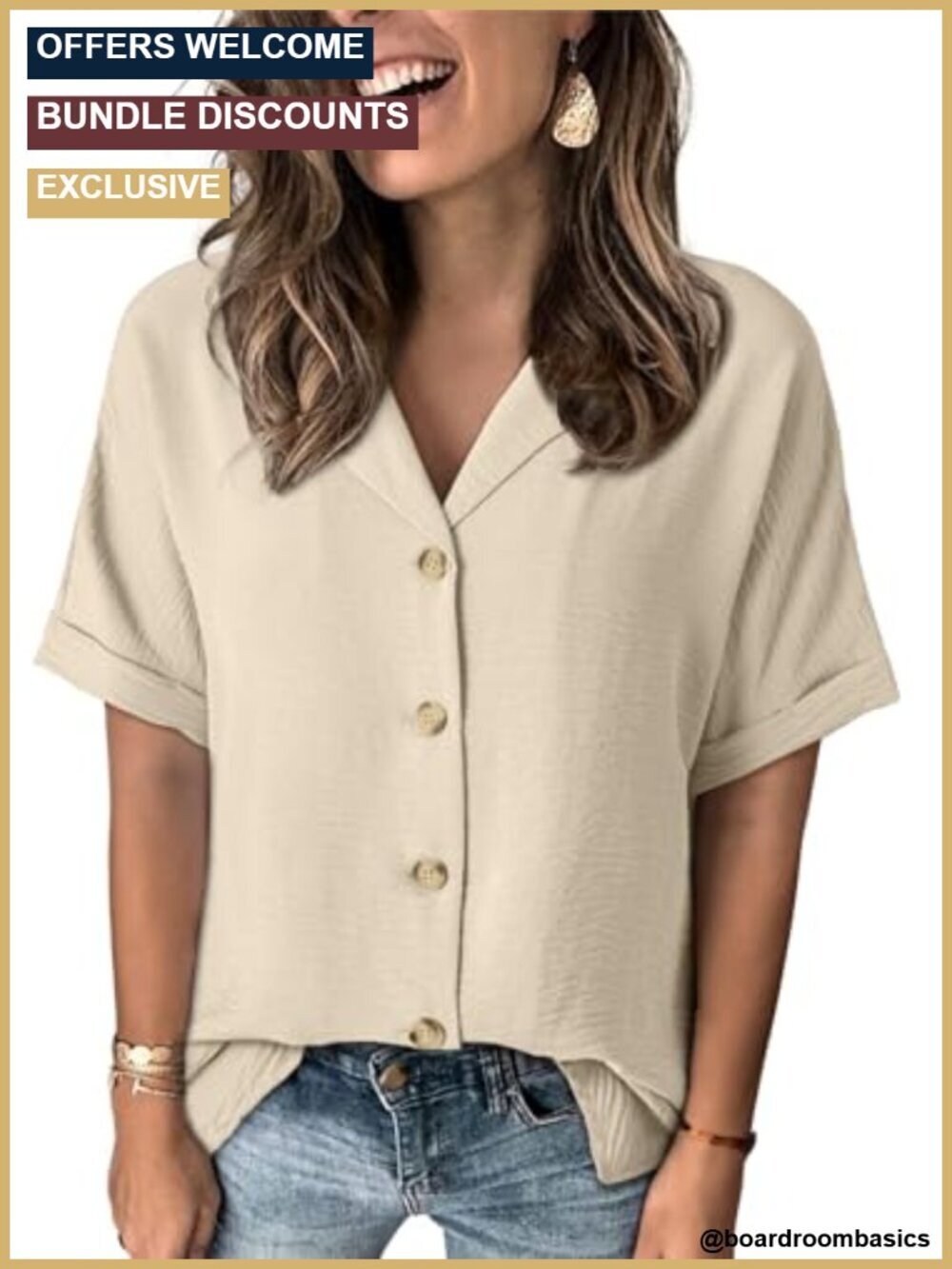Short Sleeve V-Neck Button Down Shirt Blouse for Work Casual